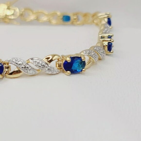 18KT Yellow Gold Sterling Silver Blue & White Cubic Zirconi Bracelet $225 8" NWB - Picture 7 of 16